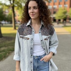 Inner View Women's Denim Shirt with Paisley Accents Retro Inspired Small detail